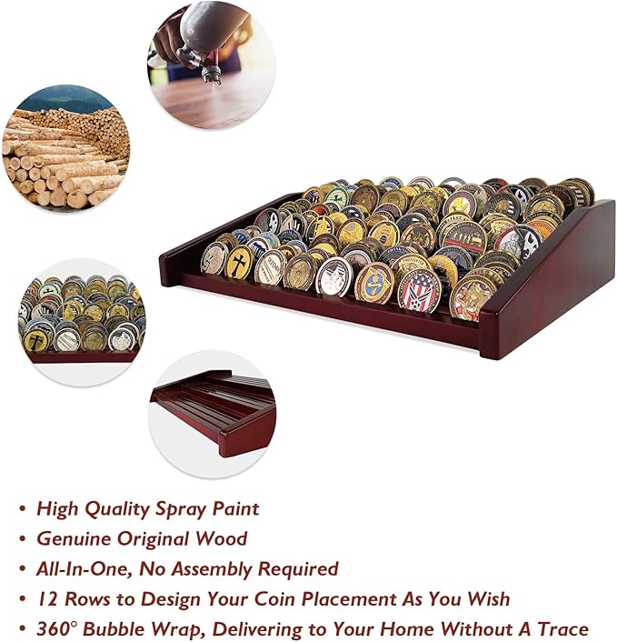 12 Rows Military Challenge Coin Holder Display Case Holds 90-100 Coins, Solid Wood Army Coin Rack Display Stand for Desktop, Mahogany