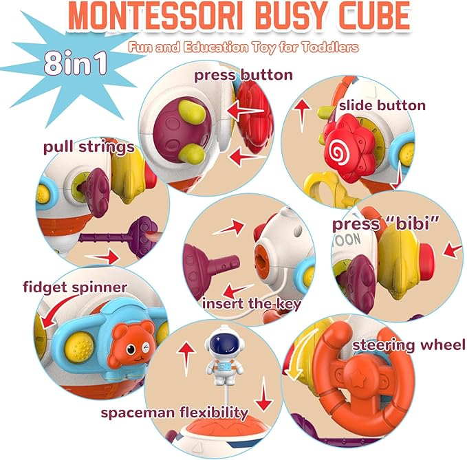 Busy Activity Cube Toys for Babies, Montessori Sensory Toys for toddlers1-3,Car seat, Baby Birthday Gift, boy and Girl Education and Learning Toy