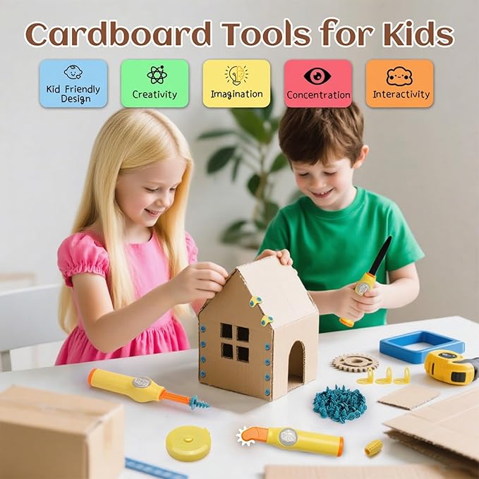 Cardboard Craft Tools For Kids-childrens cartons cutting，Cardboard Construction Tool Kit for Family And Classroom DIY Creativity Projects,71PCS STEM Educational Toy Birthday Gift for Boys Girls 6+