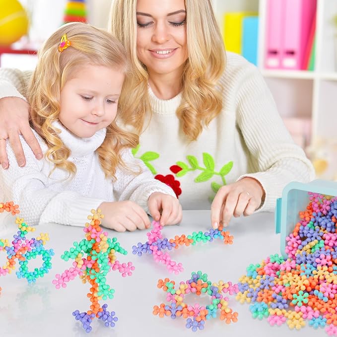 300PCS Interlocking Snowflake Building Block Toy for Kids Ages 3+, Multi-Color Solid Plastic Early Learning Creativity Educational STEM Toy with Carrying Case Safe Material (Macaron Colors)