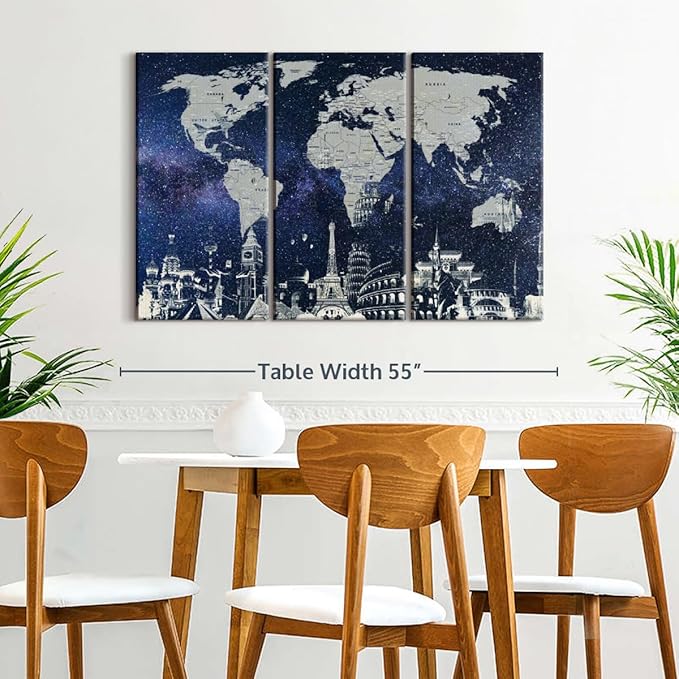 ElephantStock Starry World Map Multi Piece Canvas - 3 Panel Wall Decor - Map of the World Art - Canvas for the Office and Home - 50" X 32"