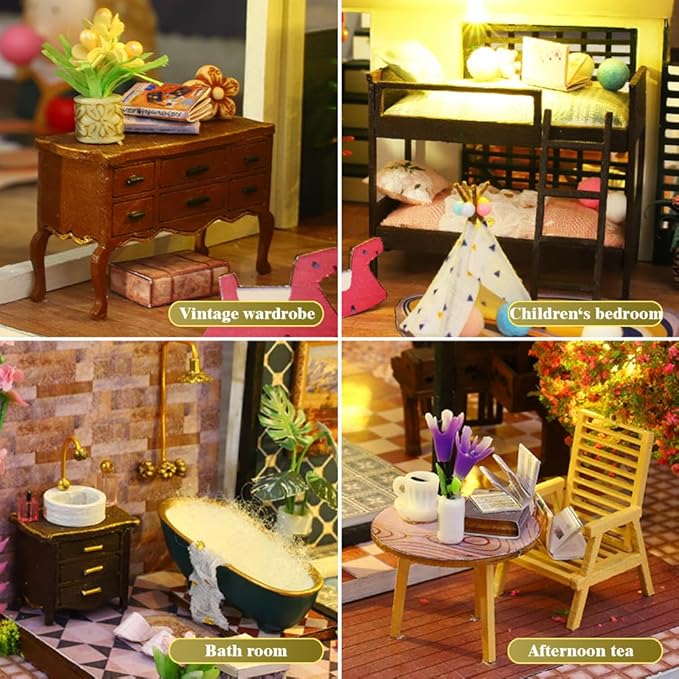 Yuzhen DIY Miniature Dollhouse with Furniture and LED Lights, European Style Villa Wooden Dollhouse Includes Dustcover and Music Movement, Exquisite Home Decor