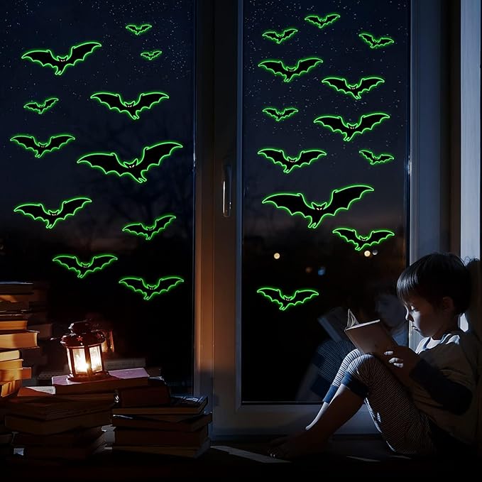 3 Sheets Glow in The Dark Halloween bat Decals Luminous Halloween bat Stickers Removable Bat Wall Decor Glowing Window Clings for Scary Halloween Theme Party Decorations