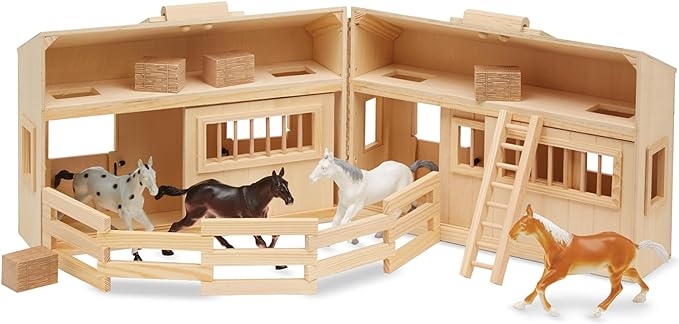Melissa & Doug Fold and Go Wooden Horse Stable Dollhouse with Handle and Toy Horses (11 pcs)