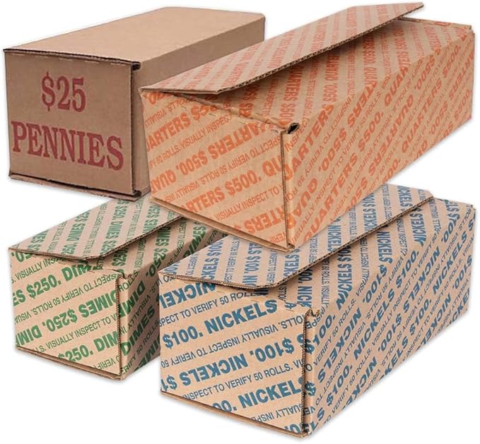 Quarter Coin Holder Box - Pack and Ship Coin Storage Box - Package of 50 - Orange and Brown - Holds 50 Rolls of Wrapped Coin - $500 Capacity