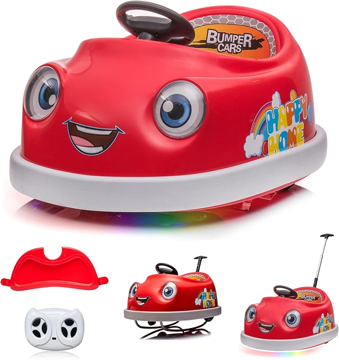 12V Dual Battery Electric Ride on Kids Bumper Car w/Remote Control,360 Degree Spin,Push Rod Rocker Horse Function,3-Speeds Babies & Toddlers Bumping Car Ride on Toy Gift for 1-4 Years Children (Red)
