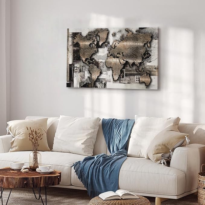 artgeist Canvas Wall Art World Map 24x16 in - 1pcs Home Decor Framed Stretched Picture Photo Painting Artwork Image - Abstract Continents Map World Map k-A-0506-b-a