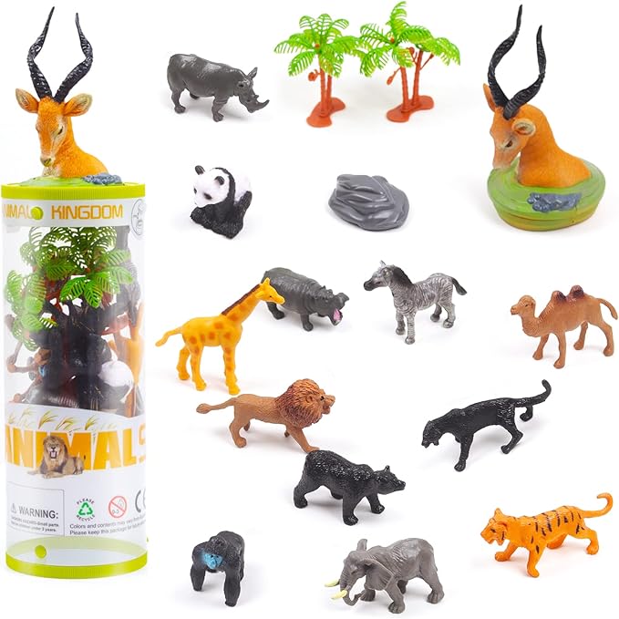 UNIQUE KIDS Mini Wild Animals 15-Pcs Figure Set | Realistic Sensory Tube Playset for Toddlers 3-5, Party Favors