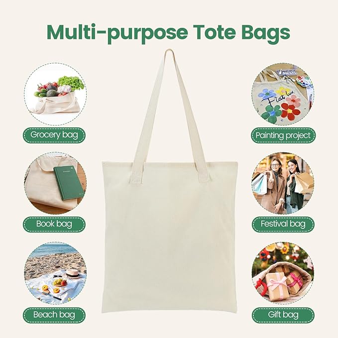 12 Pack Large Canvas Tote Bag - Lightweight Thin Tote Bags Bulk Blank Shopping Reusable Grocery Bags for DIY Gift Sublimation Activity - Beige