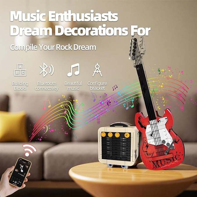 Rock Guitar Music Interactive Building Block Set,Creative Construction ModelToy with Bluetooth Function.Perfect Gift for All Music Lovers,Kidsand Adults.