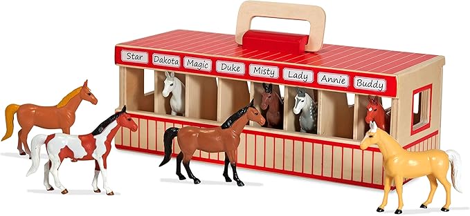 Melissa & Doug Take-Along Show-Horse Stable Play Set with Wooden Stable Box and 8 Toy Horses