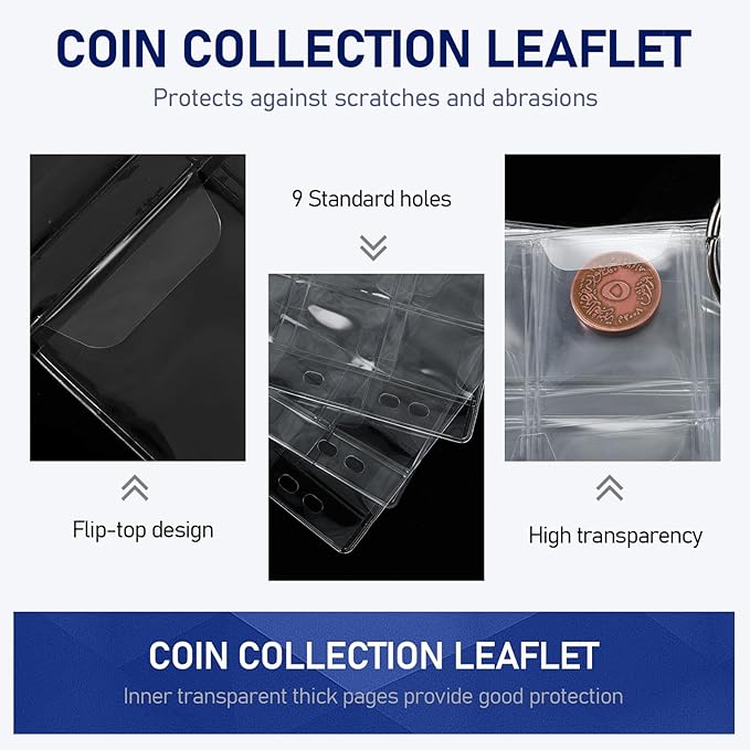 25 Sheets Coin Collection Pocket Pages for Collectors, Coin Sleeves Holder Book, 9-Holes Coin Album Collecting Binder for Coin Stamp Currency Collection Coin Stamp Currency Collection