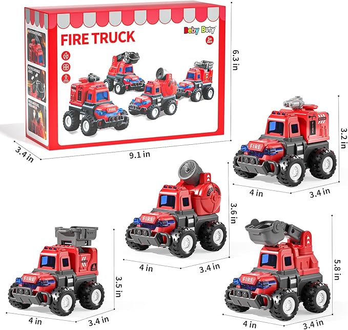 4 Pack Fire Trucks Toys for Toddlers Kids 2-4 Years, Press and Go Cars for Toddlers Boys Girls with Flexible Joints, Kids Toddlers Toys for 3 4 5 6 Years Old Boys Girls Birthday Gifts