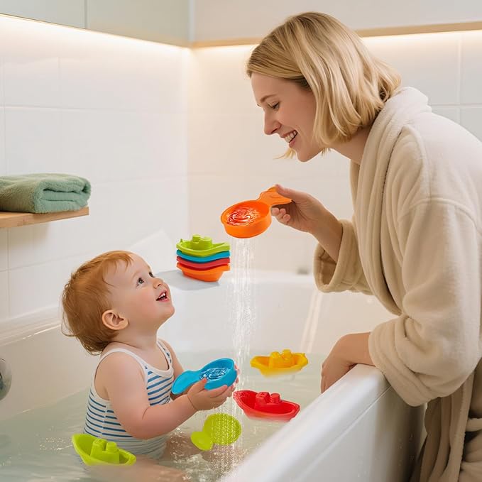 Baby Bath Toys for Kids Ages 1-3, 11PCS Mold Free Bath Toys for Toddlers with Floating Boats and Spoons, Baby & Toddler Bathtub Water Table Pool Sand Play Toys for Christmas Stocking Stuffers