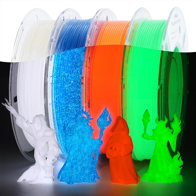 AMOLEN Glow in The Dark 3D Printer PLA Filament Halloween Bundle, Glow Filament Shiny Firefly Blue, Orange, Green and White, 1.75mm PLA Filament, Dimensional Accuracy +/- 0.02 mm, 200g X 4 Pack