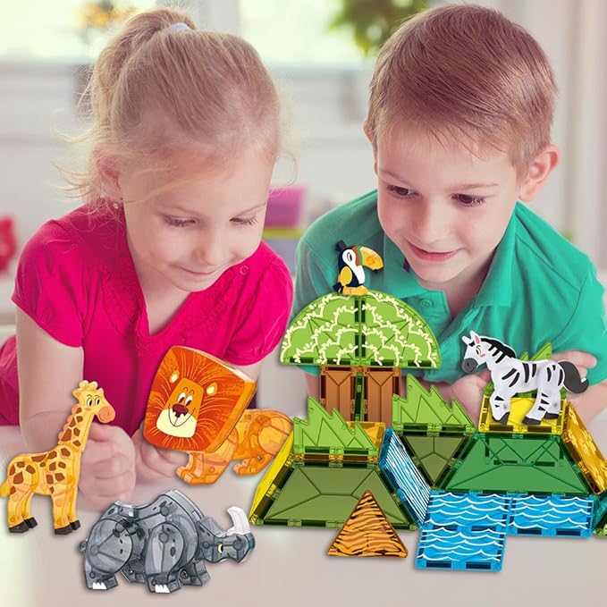 Magnetic Tiles Set Grassland Animals Theme Toys, Magnet Tiles Building Blocks Toys for Kids Ages 5-7 Year Old to STEM Learning