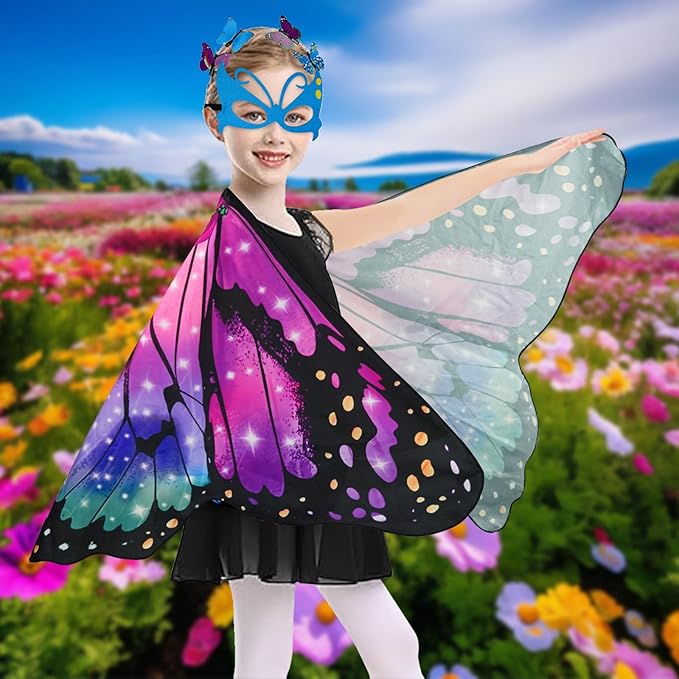 Butterfly Costume for Girls Fairy Wings Kids 4 Pcs(Cape,Skirts,Masks,Hair Clips) Butterfly Wings for Halloween Gifts