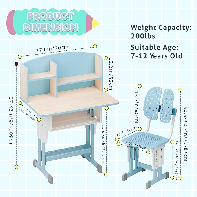 2025 NEW Kid's Study Desk and Chair Set, Ergonomic Height Adjustable Children Study Desk with Tilt Desktop, Book Stand, Light, Metal Hook and Storage Drawer,Gift for Boys Girls (Blue 70cm no lean)