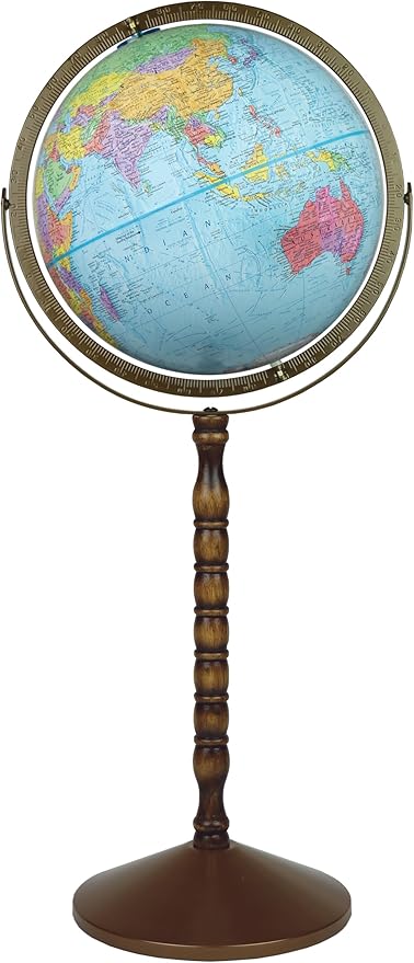 Treasury 12" Diameter Globe, USA Cartography, Convertible to Desktop with Raised Mountain Relief and Sturdy Metal Base and Hand Turned Hard Wood Stand.This economical 12” floor model stands 32” high on a durable metal base and attractive wooden pedesta...