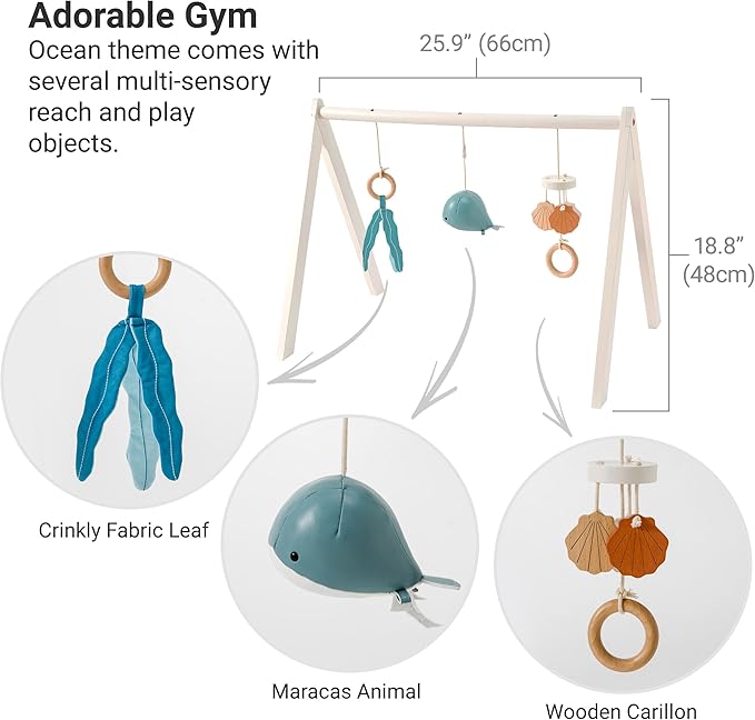 Little Big Friends Wooden Baby Activity Gym – Montessori Play Gym for Babies | Encourages Motor Skills & Sensory Development | Includes Crinkle Fabrics, Wooden Chimes & Hanging Toys – Ocean