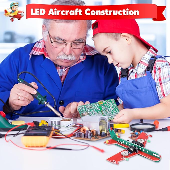 Icstation Learning Soldering DIY Airplane Kit for Beginners, 3 Color LED Flashing Lights Airplane Soldering Project Kit for High School Student Back to School Soldering Practice STEM Education