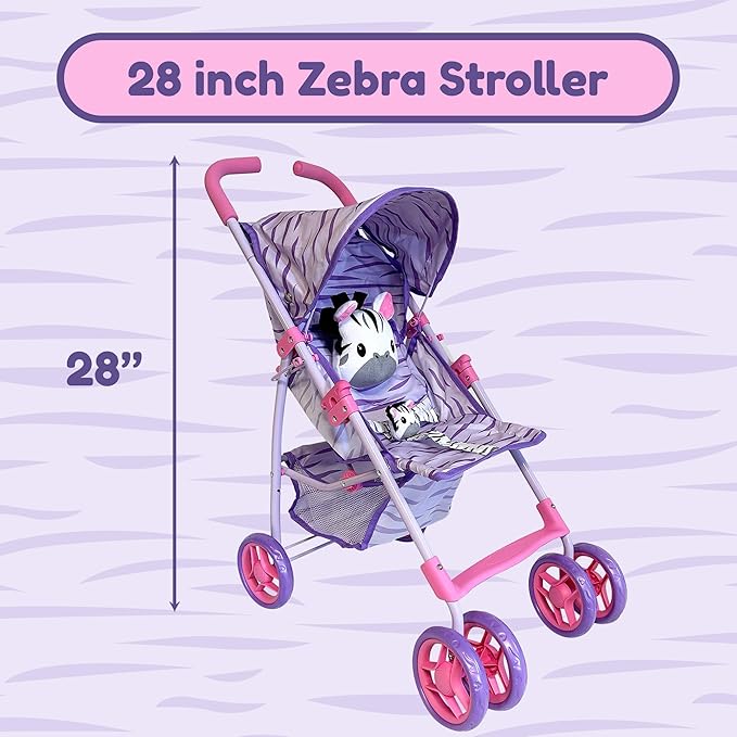 Baby Doll Stroller for Toddlers 1-3, Pillow Animal Toy Baby Stoller for Dolls, Pink & Purple Folding Baby Toy Stroller for Dolls, Foldable Stroller for Girls, for Kids (Zebra)