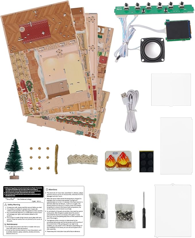 Tonecheer DIY Miniature House Kit, Wooden Dollhouse Kit with Music and White Noise,Tiny Diorama House Building Set with Electronic Screen Kit Creative Idea Gifts for Aduls (The Christmas Cottage)