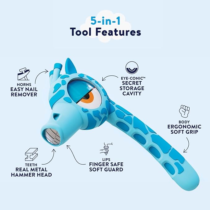 Handy Famm Real Metal Blue Giraffe Hammer for Kids, Patented Safety Mouth Sleeve and Nail Remover, STEM DIY Tool for Children Ages 5 and Up