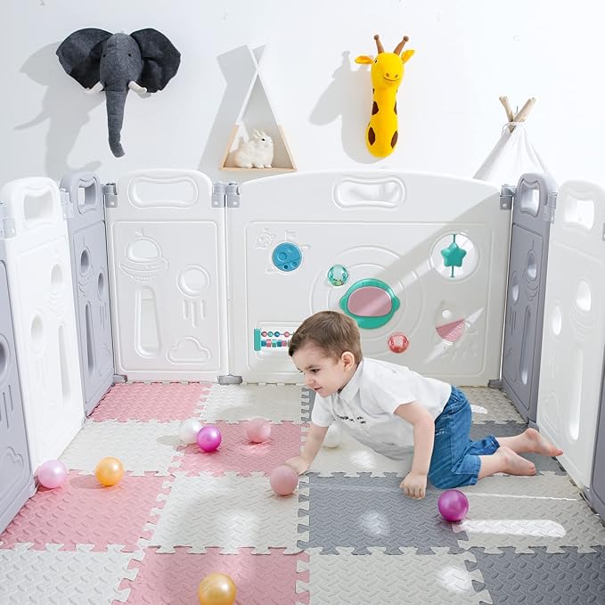 Foam Floor Mats for Kids, 12 x 12 Inch 16 Tiles 0.4" Thickness Foam Play Mat, Non-Toxic Square Interlocking Floor Mats Rubber Baby Play Mat for Toddlers(White/Gray/Lori Pink)