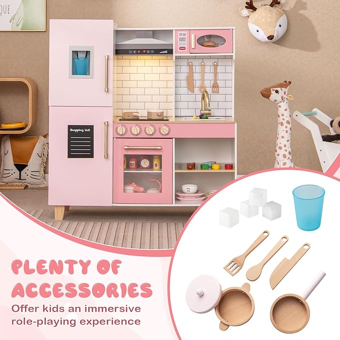 Costzon Kids Kitchen Playset, Wooden Pretend Play Kitchen with BBQ Grill, Ice Maker, Range Hood, Blackboard & Cooking Accessories, Toy Kitchen Set with Lights & Sounds, Gift for Toddlers Ages 3+