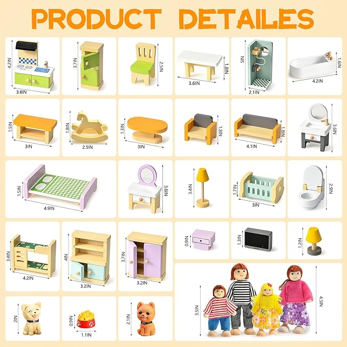 36PCS Wooden Dollhouse Furniture Set with 4 Flexible Family Dolls - 5 Room Realistic Doll House Accessories for Toddlers 3 4 5 6 , Pretend Play Toys Gift for Birthday and Christmas