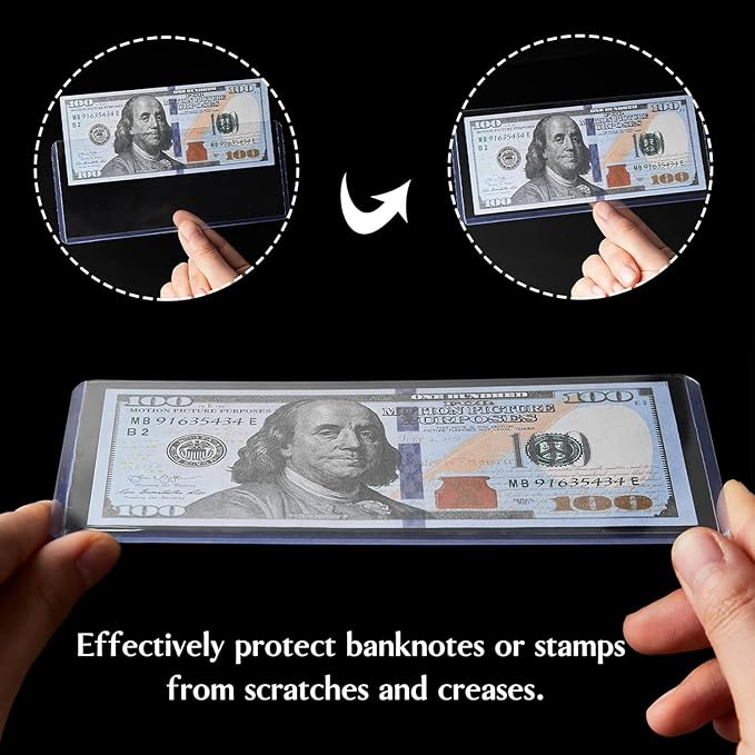 50 Pack Dollar Bill Sleeves, Clear PVC Currency Holders Transparent Bill Display Protectors for Regular Bills Cash Money Banknotes and Stamps, 6.8 x 2.9 Inch