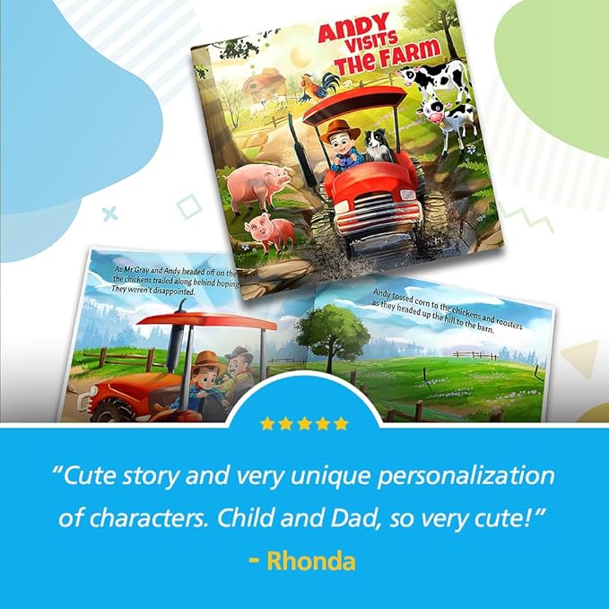 Personalized Storybooks by Dinkleboo - Visits The Farm - Your Child Joins Mr. Gray On A Trip Around The Farm - for Children Aged 0 to 8 Years Old - Soft Cover - Smooth, Glossy Finish (8"x 8")