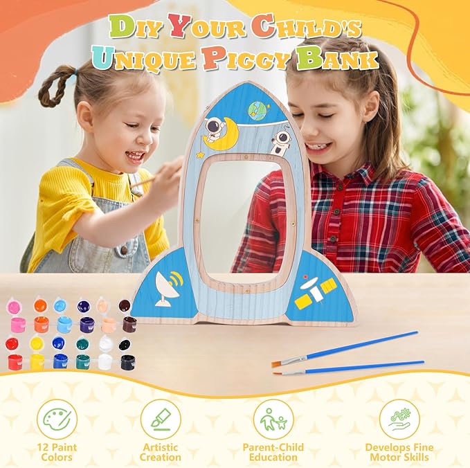 Wooden Piggy Bank for Kids, DIY Night Light Personalized Money Bank for Boys, Girls, Unbreakable Saving Box with Paintbrush and 12 Paints, Coin Jar Gifts for Kids Birthday Decor (Rocket)