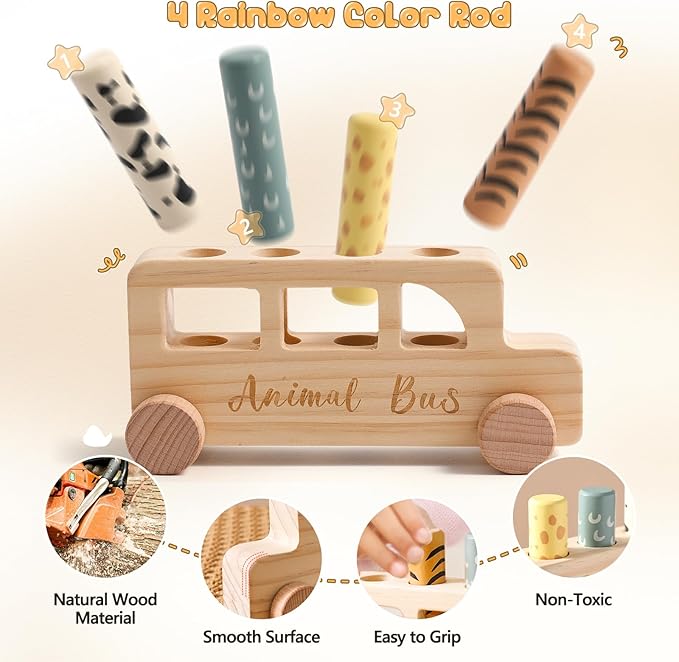 Wooden Pop Up Toys for Babies | STEM Montessori Toys Color Animal Bus for Toddlers | Preschool Learning Toddler Educational Gifts for Kids Boys Girls | Baby Toy Games