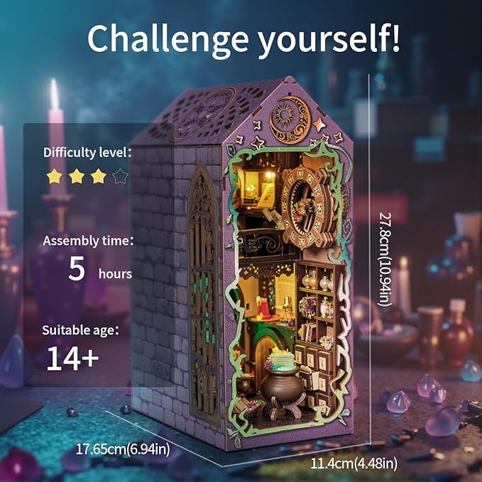 [2025 New] Mystic Theurge's Book Nook Kit with Dust Cover & LED Light, DIY Miniature House Kit Toy, 3D Wooden Puzzle Bookshelf Decor Building Kit, Birthday Gifts for Family & Friends