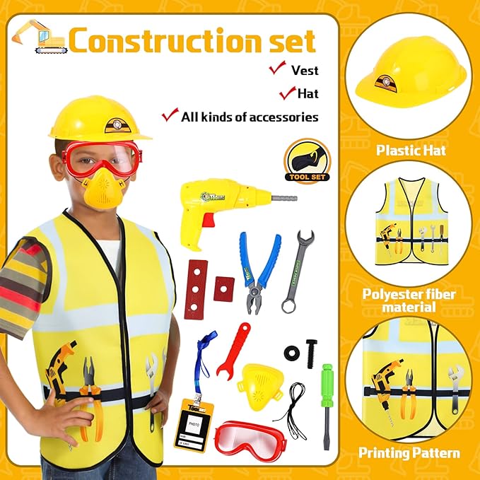Deekin 3 Sets Kids Dress Up Clothes for Play Age 3-7 Ages, Toddler Dress Up Costumes Vest Role Play Community Helpers Construction Worker, Chef, Explorer for Boys Girls Costumes Accessories