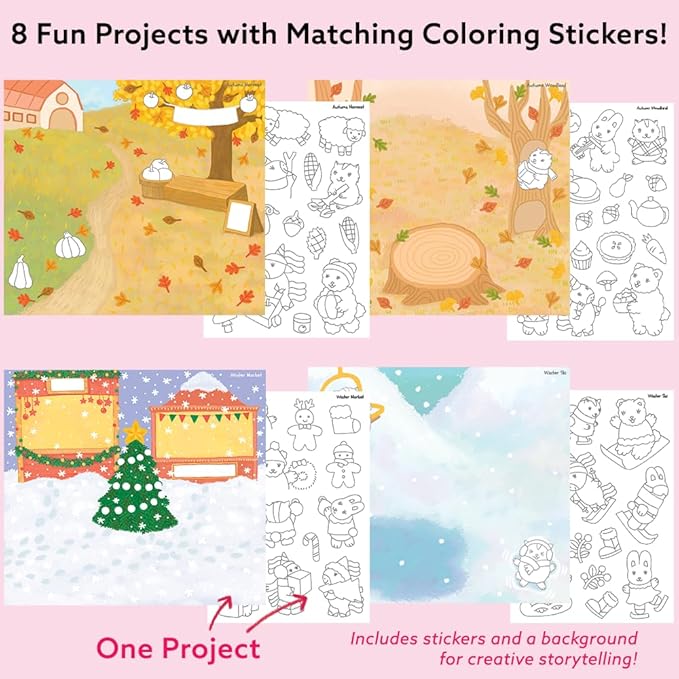 Seasonal Splendor Art Kit – DIY Sticker Coloring Craft Kit for Kids | Color Your Own Stickers & Create Your Story | Coloring Sticker Sheets & Art Activity Gift | Fun & Educational Craft