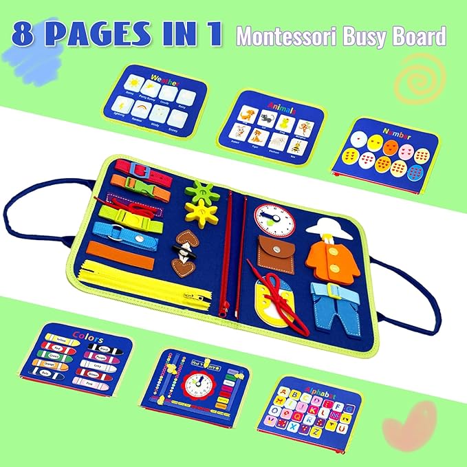 Montessori Busy Board - Busy Book for Toddler 3 4 Educational Toys for Boys Girls, Sensory Activity Board, Fine Motor Skills Learning Gift (Blue)