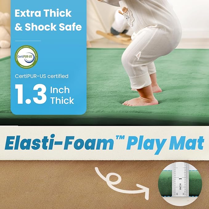 1.3" Thick Baby Play Mat for Floor, 28x72 Foam Tummy Time Mat, Padded Support Soft Plush Bedside Rugs for Infant Kids Toddler Crawling Kick Activity (Emerald)