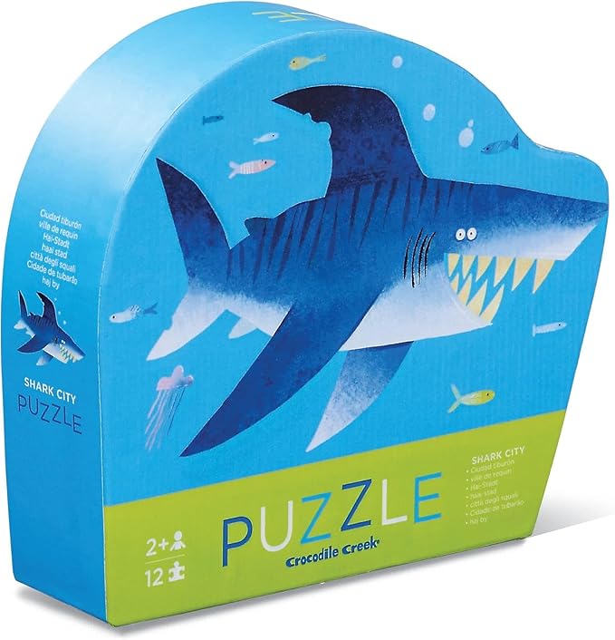Crocodile Creek 12-Piece Mini Jigsaw Puzzle - Fun Floor Puzzles for Kids Ages 2-4 and Up - Heavy-Duty Shaped Box for Storage - Shark City - 12" x 9" Finished