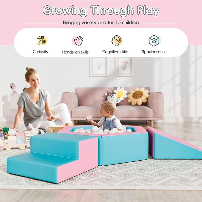 TOLEAD Foam Climbing Blocks for Girls Toddlers,Pink Soft Play Set Ball Pit,Climb & Crawl Foam Playset for Kids, Toddler Climber Indoor with Pad,Easy to Clean