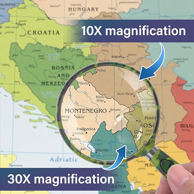 Feosky Handheld Reading Magnifier, 10X 30X Magnifier, 75mm Shatterproof Lens, Non-Slip Handle for Adults Close Work, Seniors Reading and Kids Nature Exploration, Hobby Observation(Camouflage Pattern)