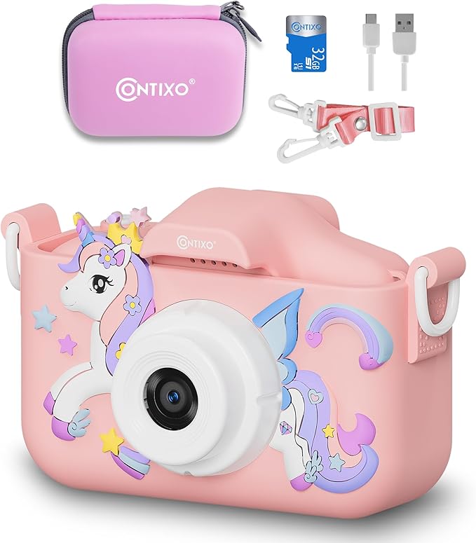 Contixo KC3A Kids Digital Camera - 1080P Toddler Camera with Selfie Mode, Games, Sound Recording, 8X Zoom, 32GB SD Card, USB-C Rechargeable Educational Toy for Boys Girls Ages 3-8, Pink