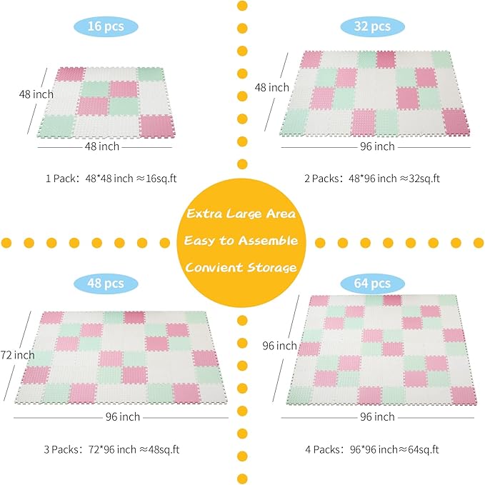 Foam Play Mat for Baby, 0.4 Inch Thicked Interlocking Floor Mats with Solid Colors, Squares Non-Toxic Baby Play Mat, EVA Foam Puzzle Floor Mats for Toddlers, 16 Tiles(White/Pink/Bean Green)
