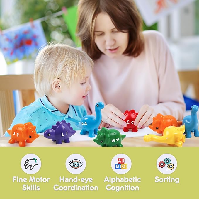 Alphabet Dinosaurs Matching Letters Toy, 26 PCS Double-Sided ABC Dinosaur with Uppercase Lowercase, Match and Snap Fine Motor Game Preschool Learning Toys Gifts for Kids Back to School Goodies