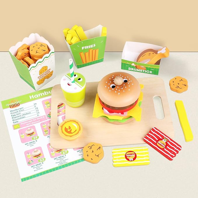 Wooden Hamburger Play Food Set for Kids, Fast Food Playset with Tray, Pretend Play Kitchen Accessories for Toddlers