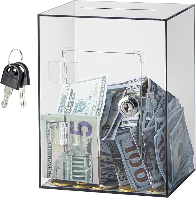 Hicocool Clear Piggy Bank with Lock, Acrylic Piggy Bank for Adults Kids Openable, Reusable Money Saving Box with Key for Birthday (Brown)