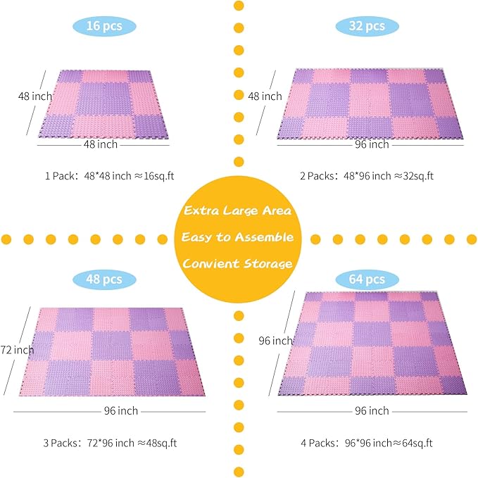 Foam Floor Mats for Kids, 12 x 12 Inch 16 Tiles 0.4" Thickness Foam Play Mat, Non-Toxic Square Interlocking Floor Mats Rubber Baby Play Mat for Toddlers(Pink/Purple)