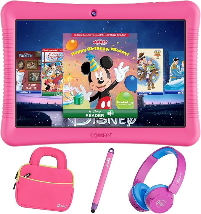 Contixo 10" Android Kids Tablet Bundle - 32GB, 80+ Disney Storybooks ($350 Value), Parental Controls, Kid-Proof Case w/Kickstand & Stylus, Headphones & Sleeve Bag - Pink